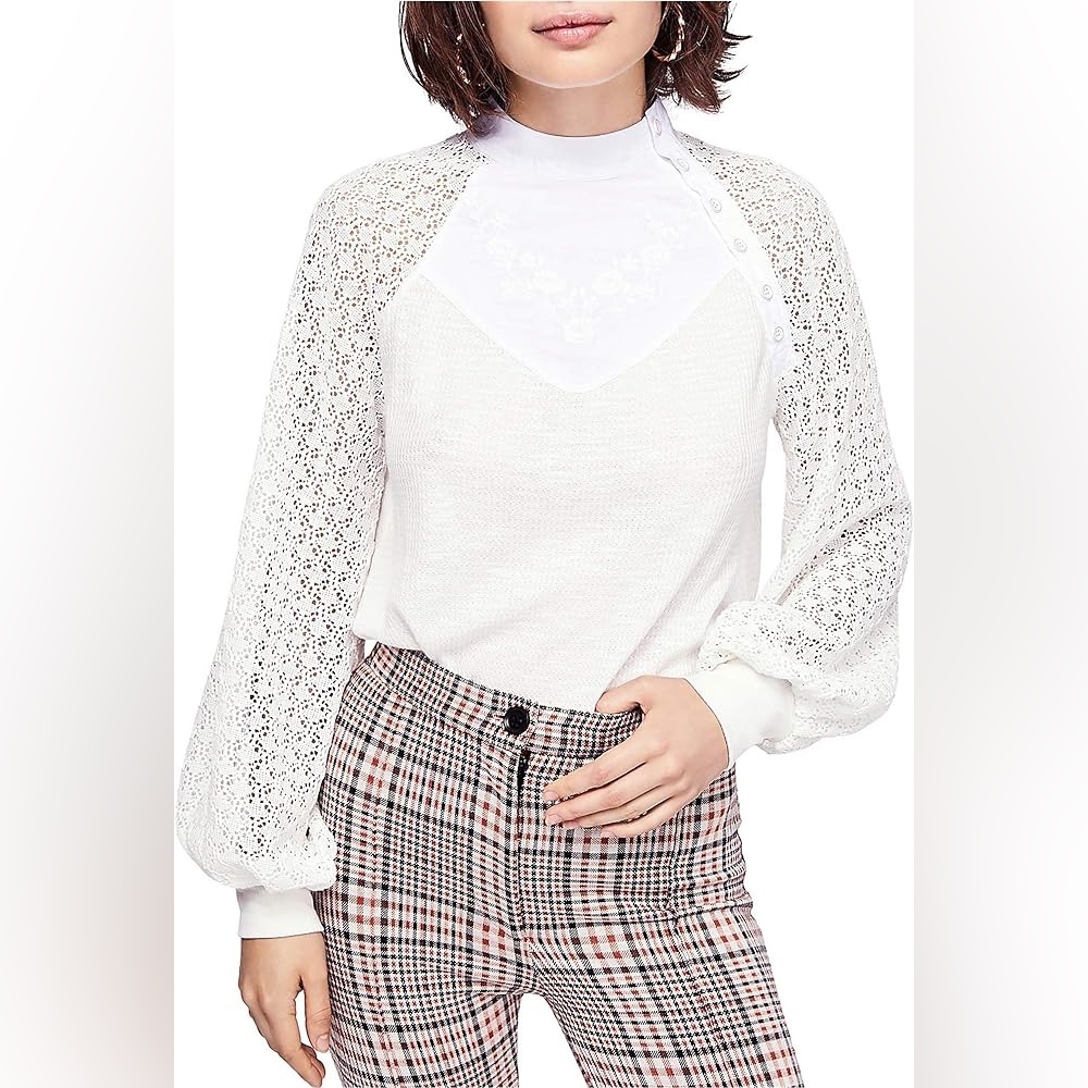 Free People White Sweetest Thing Lace Sleeve Thermal Top Size XS